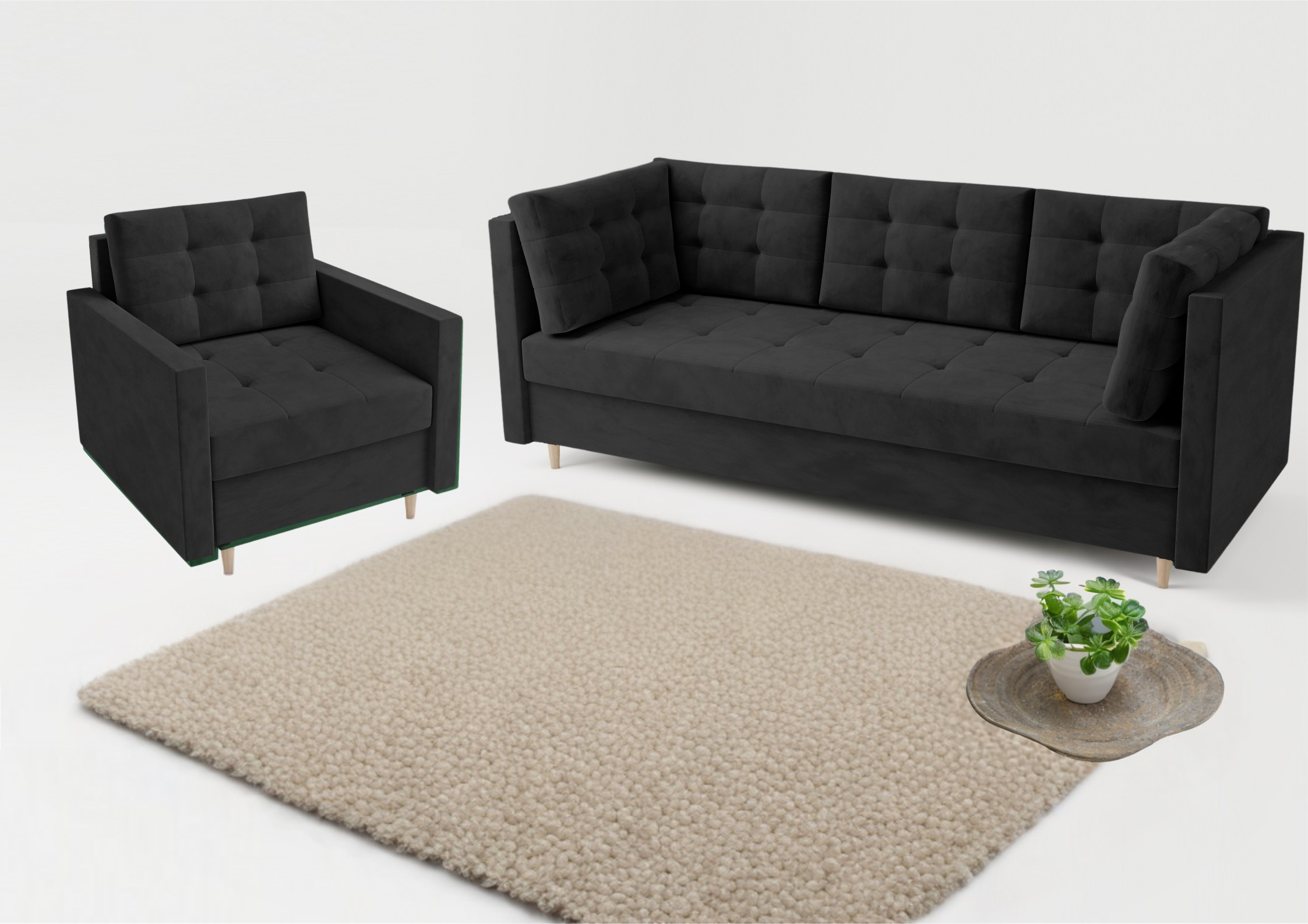 Pikowana sofa w stylu skandynawskim z funkcją spania w kolorze czarnym